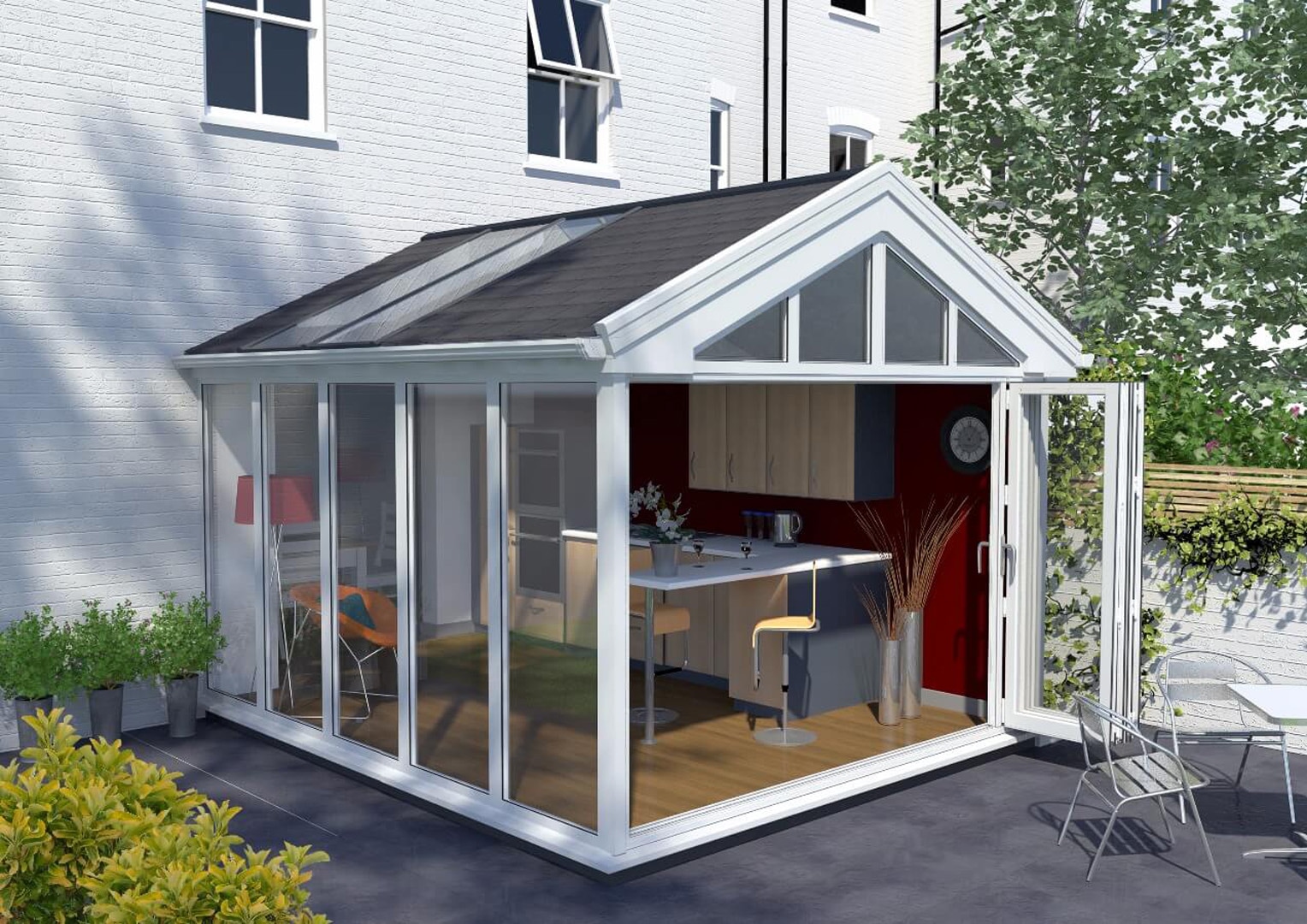 Exterior view of a gable-end conservatory with a distinctive triangular front, large windows, and a robust structure, showcasing a classic design that elegantly complements the adjoining house.