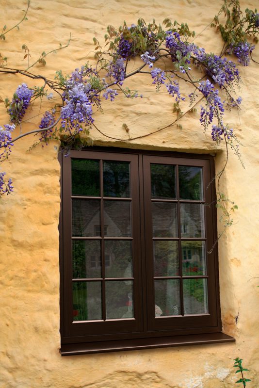 GPT A traditional brown casement window set into a yellow stucco wall, with a delicate wisteria vine bearing purple flowers draping elegantly over the top. The window reflects a serene garden scene, hinting at a peaceful interior within the rustic charm of the exterior.