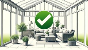 generated image of modern orangery typical of a UK home, with green circle in the middle with white tick indicating it passes building regulations