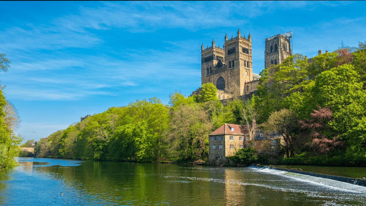 a view of Durham Cathedral and the River Wear in the historic city of Durham, England.