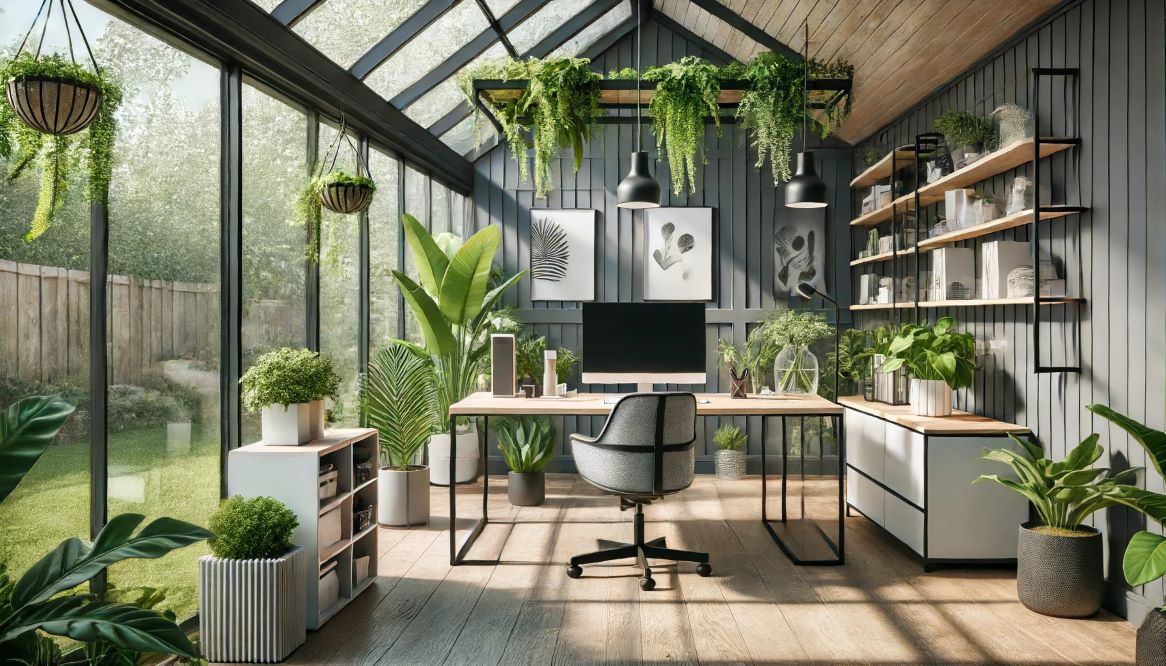 A modern hybrid orangery home office with large windows letting in natural light. The space features sleek contemporary office furniture